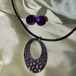 🆕Pretty purple crystal necklace leather earrings
